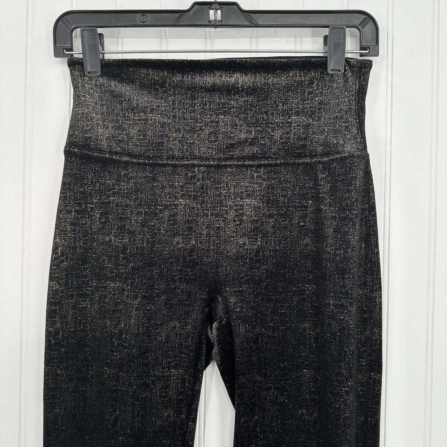 Spanx Leggings Women Velvet Shine Pants Black Gold Metallic Pull On Slimming EUC