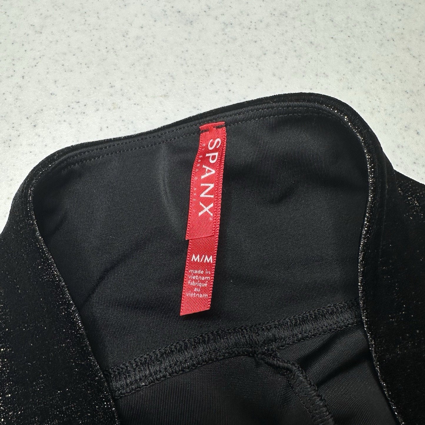 Spanx Leggings Women Velvet Shine Pants Black Gold Metallic Pull On Slimming EUC