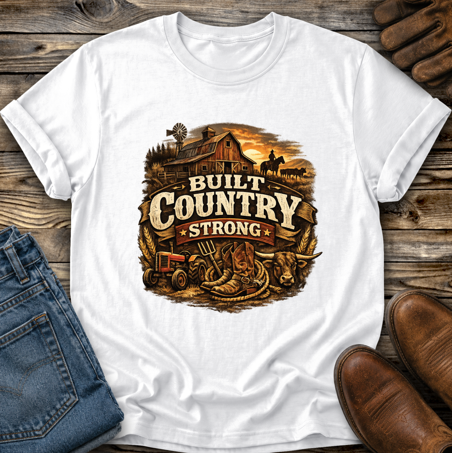 white tshirt with a country western farm scene graphic that says built country strong on it
