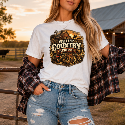 woman wearing a white tshirt with a country western farm scene graphic that says built country strong on it