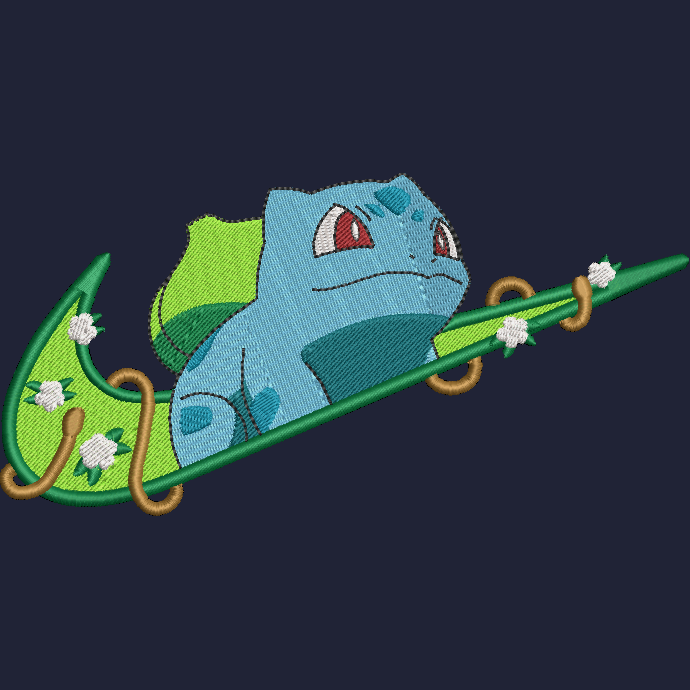blue background with an embroidered pokemon bulbasaur character on a swoosh