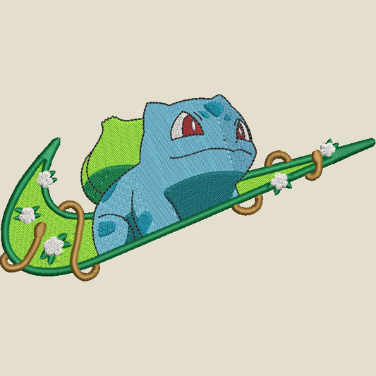 beige background with an embroidered pokemon bulbasaur character on a swoosh