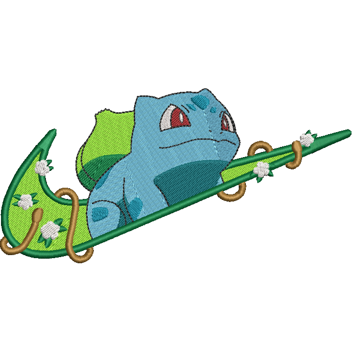 beige background with an embroidered pokemon bulbasaur character on a swoosh