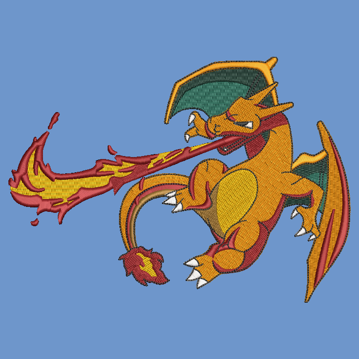 blue background with embroidered pokemon charizard character blowing flames