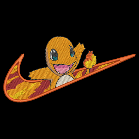 black background with embroidered design of pokemon charmander on a flaming nike swoosh