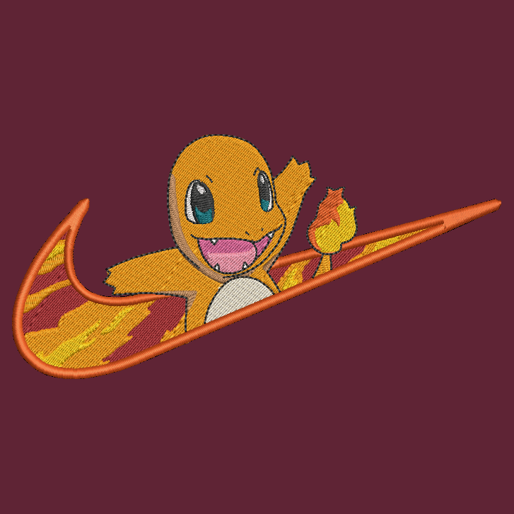 maroon background with embroidered design of pokemon charmander on a flaming nike swoosh
