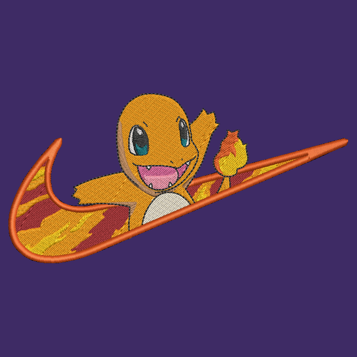 purple background with embroidered design of pokemon charmander on a flaming nike swoosh