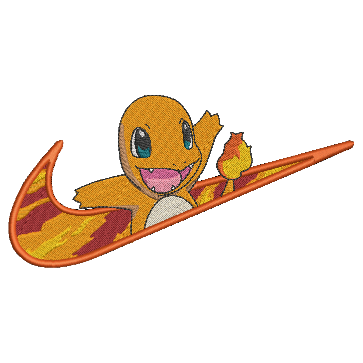 white background with embroidered design of pokemon charmander on a flaming nike swoosh