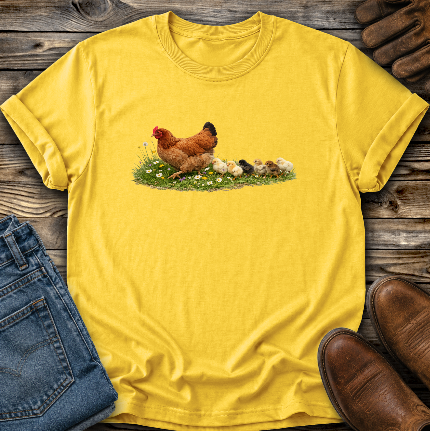 Yellow t-shirt with a chicken and chicks graphic on a wooden surface with jeans and shoes.