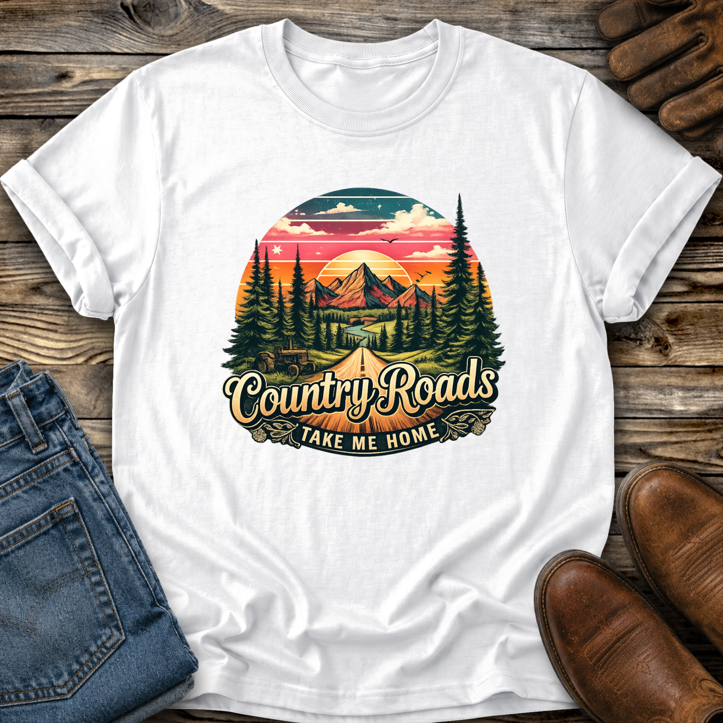 white tshirt with country western scene graphic design that says country roads take me home