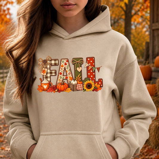 A woman wearing a beige hoodie with a colorful 'Fall' graphic print featuring pumpkins, sunflowers, and autumn-themed patterns, set against an outdoor autumn background.