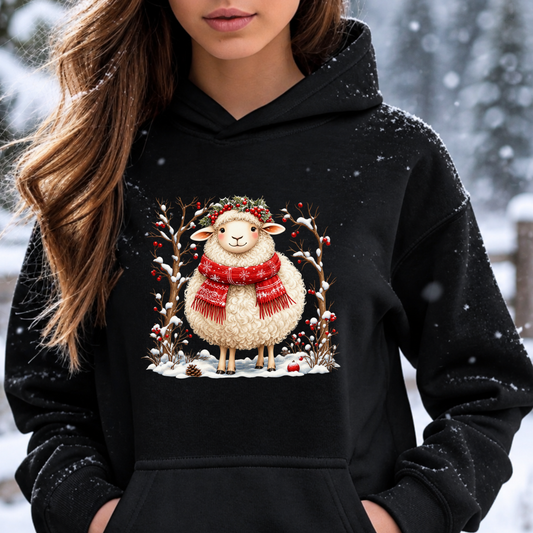 A woman wearing a black hoodie with a festive graphic of a fluffy white sheep in a red scarf and green wreath, set against a snowy outdoor background.