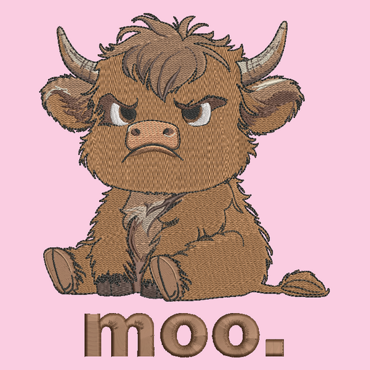 A cartoon-style embroidered highland cow design with the word "moo." below it, shown on a solid pink background.