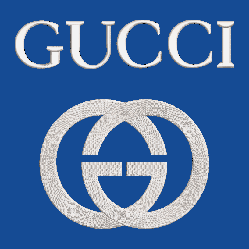 Gucci logo with white text and emblem on a blue background