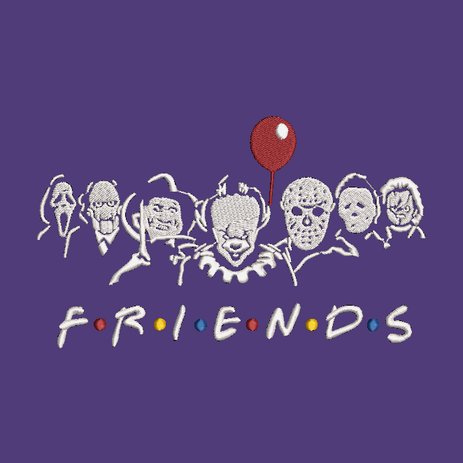 A purple square graphic featuring embroidered-style white outlines of horror movie villains with a red balloon above and the word 'FRIENDS' in the classic multicolor dot-letter logo below.