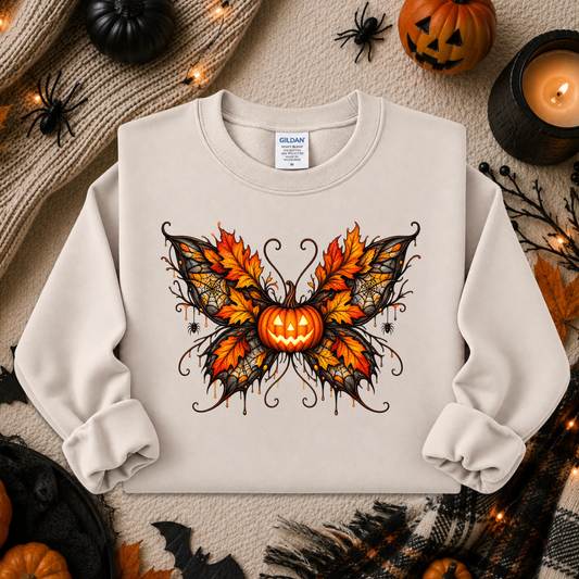 beige sweatshirt with a fall autumn halloween pumpkin theme graphic on it