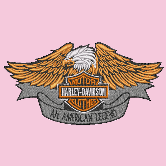 Harley-Davidson embroidered patch featuring an eagle with spread wings, a white eagle head, and the classic Harley-Davidson bar and shield logo on a gray banner with the text 'AN AMERICAN LEGEND'.