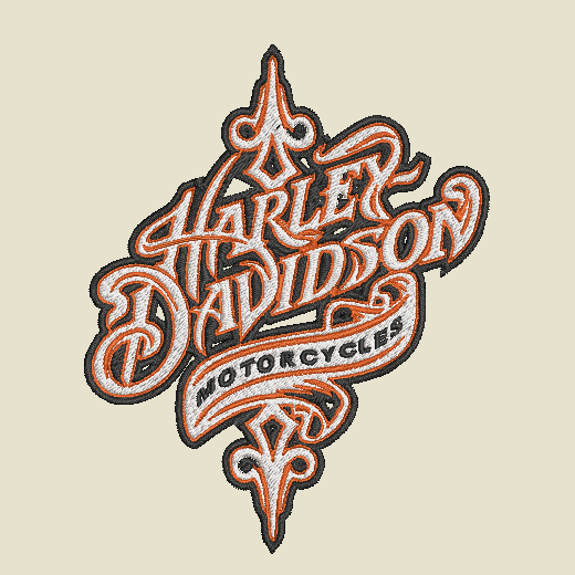 An embroidered patch featuring the Harley-Davidson Motorcycles logo in a stylized script, with orange lettering outlined in black and white stitching, set against a solid beige background.