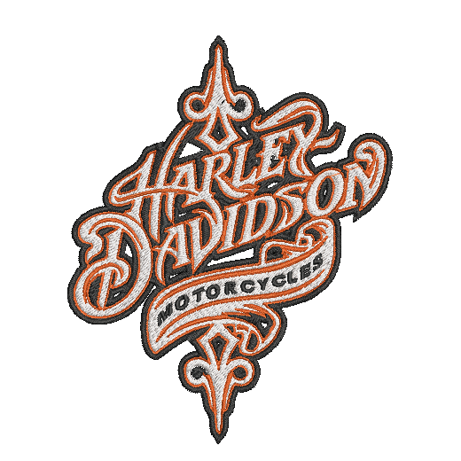 An embroidered patch featuring the Harley-Davidson Motorcycles logo in stylized orange lettering with a black outline and white fill, set against a plain white background.