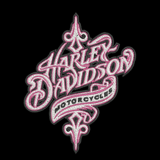 Harley-Davidson Motorcycles embroidered patch in pink and white with black outlines, shown on a solid black background.