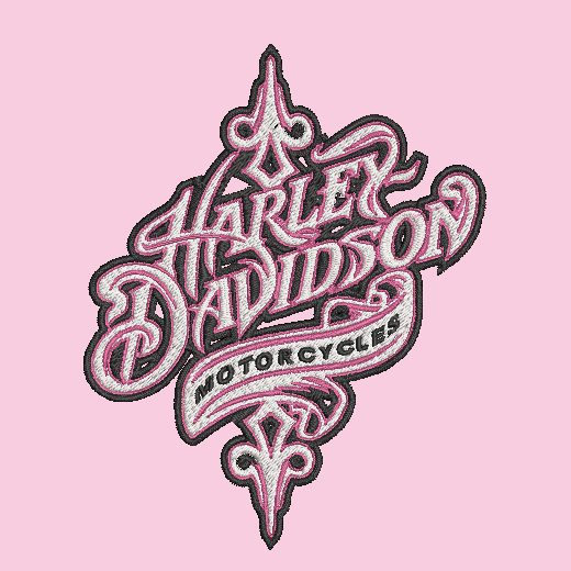 A stylized embroidered Harley-Davidson Motorcycles patch in pink, white, and black, centered on a solid pink background.
