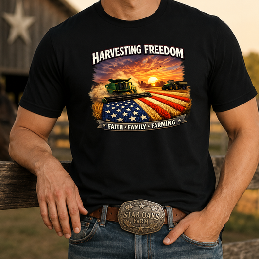 man wearing black tshirt with combine harvesting freedom crops graphic design