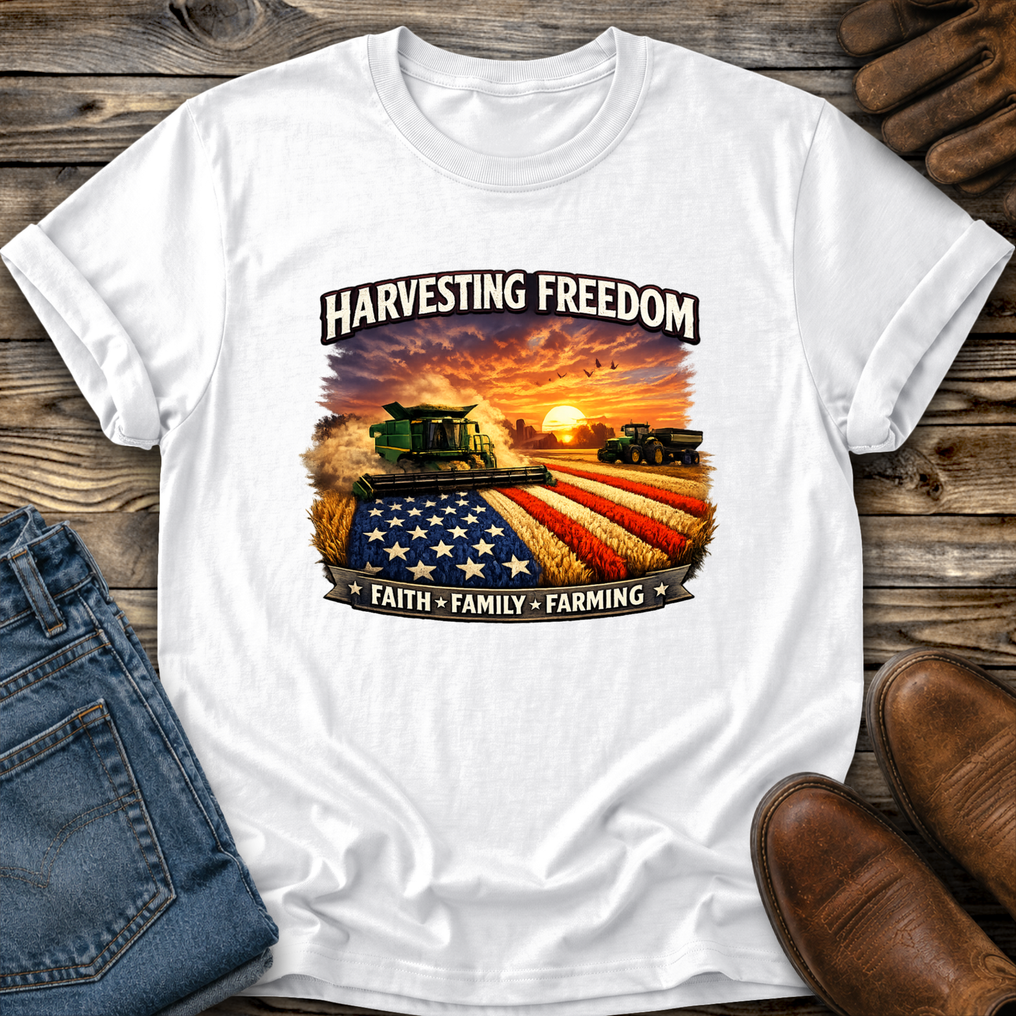 white tshirt with combine harvesting freedom crops graphic design