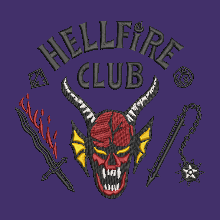 Embroidered patch design featuring a red devil skull with yellow wings, black horns, and the text 'HELLFIRE CLUB' on a solid purple background, accompanied by a sword, dagger, and chain with a star.