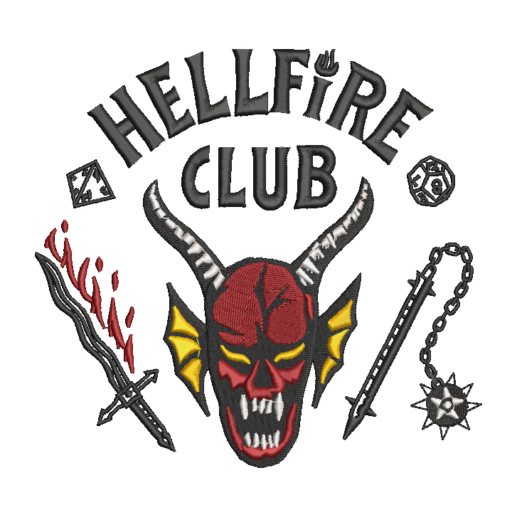 Embroidered patch design featuring a red devil skull with yellow wings, the words 'HELLFIRE CLUB' in arched black letters above, a black sword with red flame-like detailing on the left, and a black spiked chain weapon on the right, all on a white background.