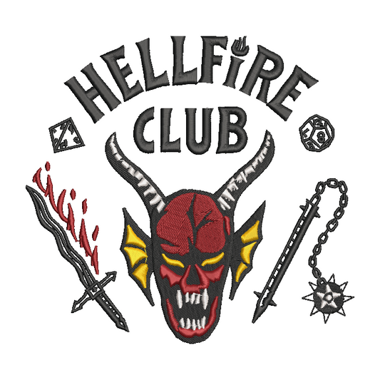 Embroidered patch design featuring a red devil skull with yellow wings, the words 'HELLFIRE CLUB' in arched black letters above, a black sword with red flame-like detailing on the left, and a black spiked chain weapon on the right, all on a white background.