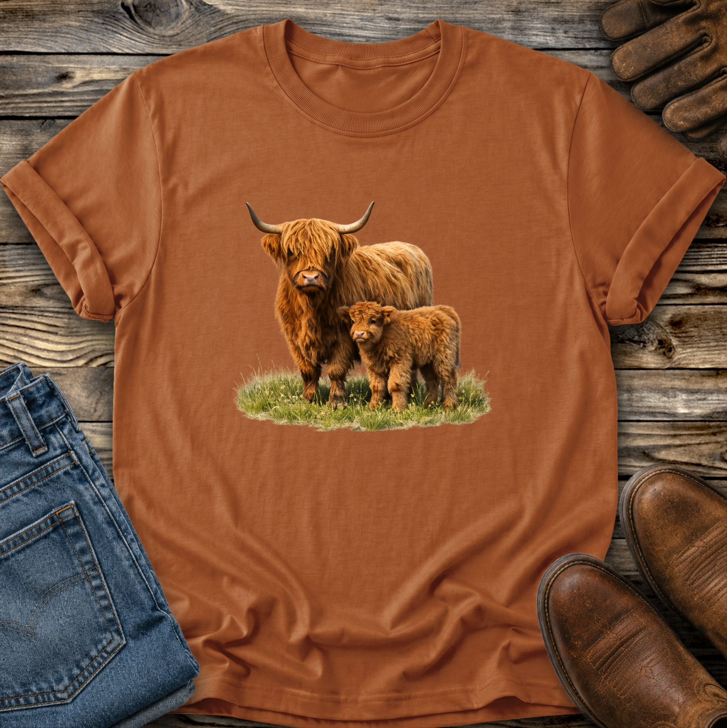 orange tshirt with a watercolor scottish highland cow and calf graphic design