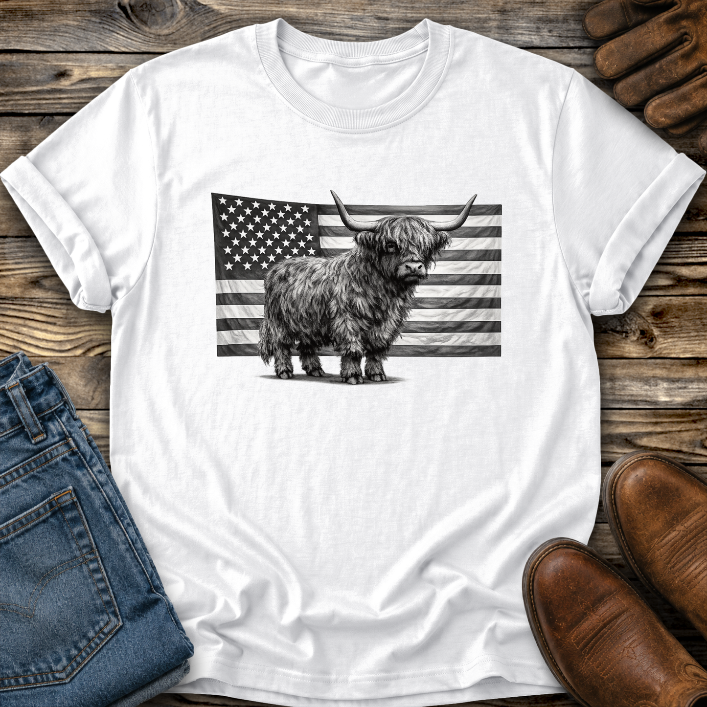 white tshirt with highland cow standing in front of USA flag graphic design