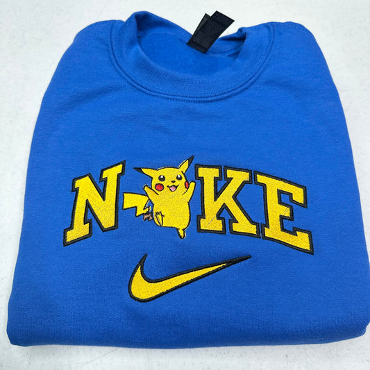 pokemon pikachu with nike logo on a blue sweatshirt