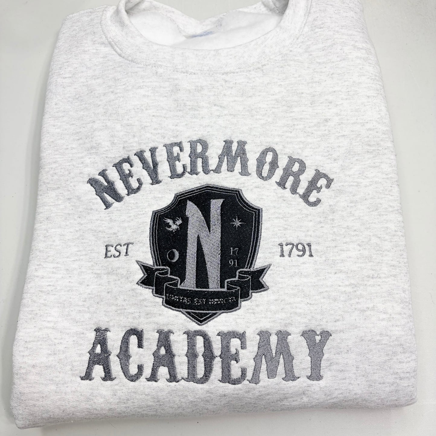 Wednesday Nevermore Academy Embroidered ADULT Hoodie / Crewneck Sweatshirt Unisex Addams Family Goth Witch Magic GRAY THREAD