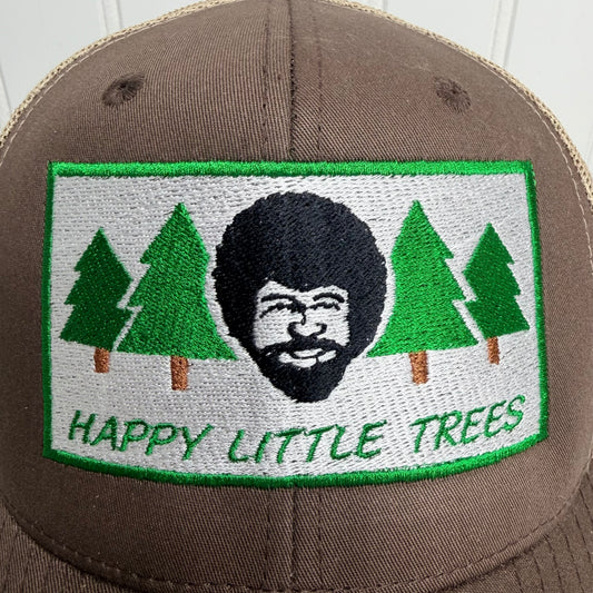 Happy Little Trees Embroidered Hat Yupoong Retro Trucker Mesh Snapback Casual Funny Brown Khaki Hat