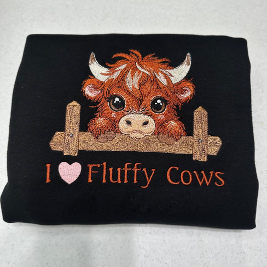 Highland Cow I Love Fluffy Cows Embroidered ADULT Hoodie / Crewneck Sweatshirt Unisex Farm Animal