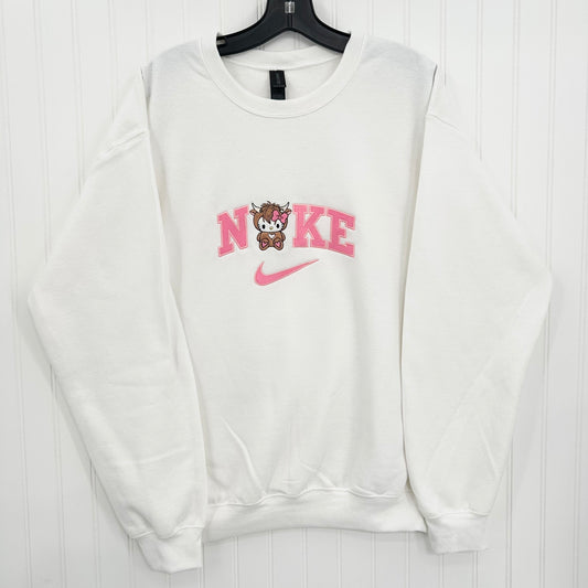 White sweatshirt with pink text and logo on a white background