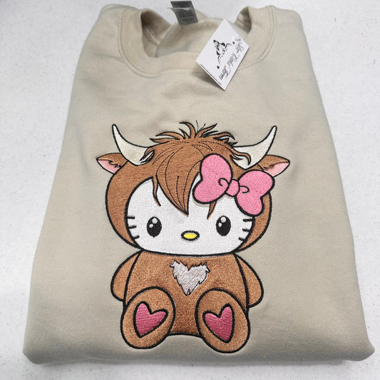 Hello Kitty Highland Cow Embroidered YOUTH Hoodie / Crewneck Sweatshirt Kids Boy Girl Unisex