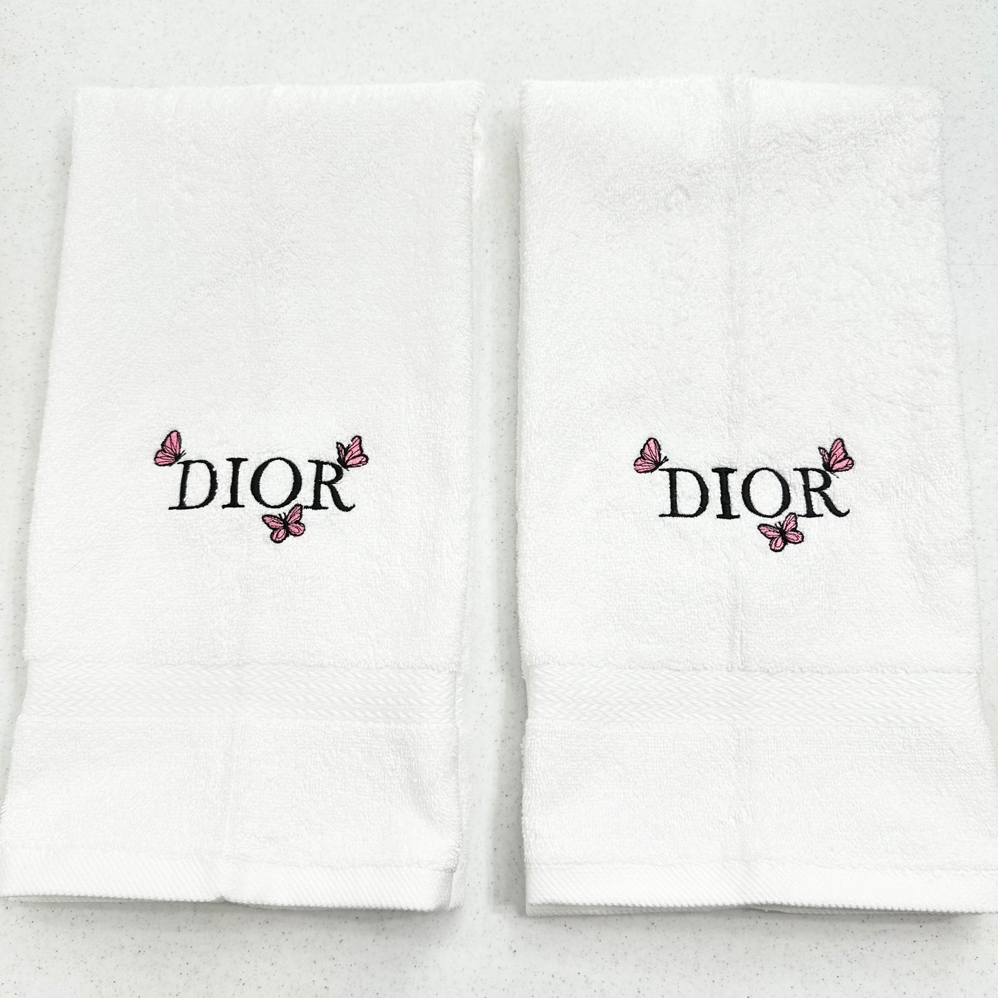 DIOR Style Towels Embroidered Hand Towel Set White Black Pink Butterflies Bathroom Decor