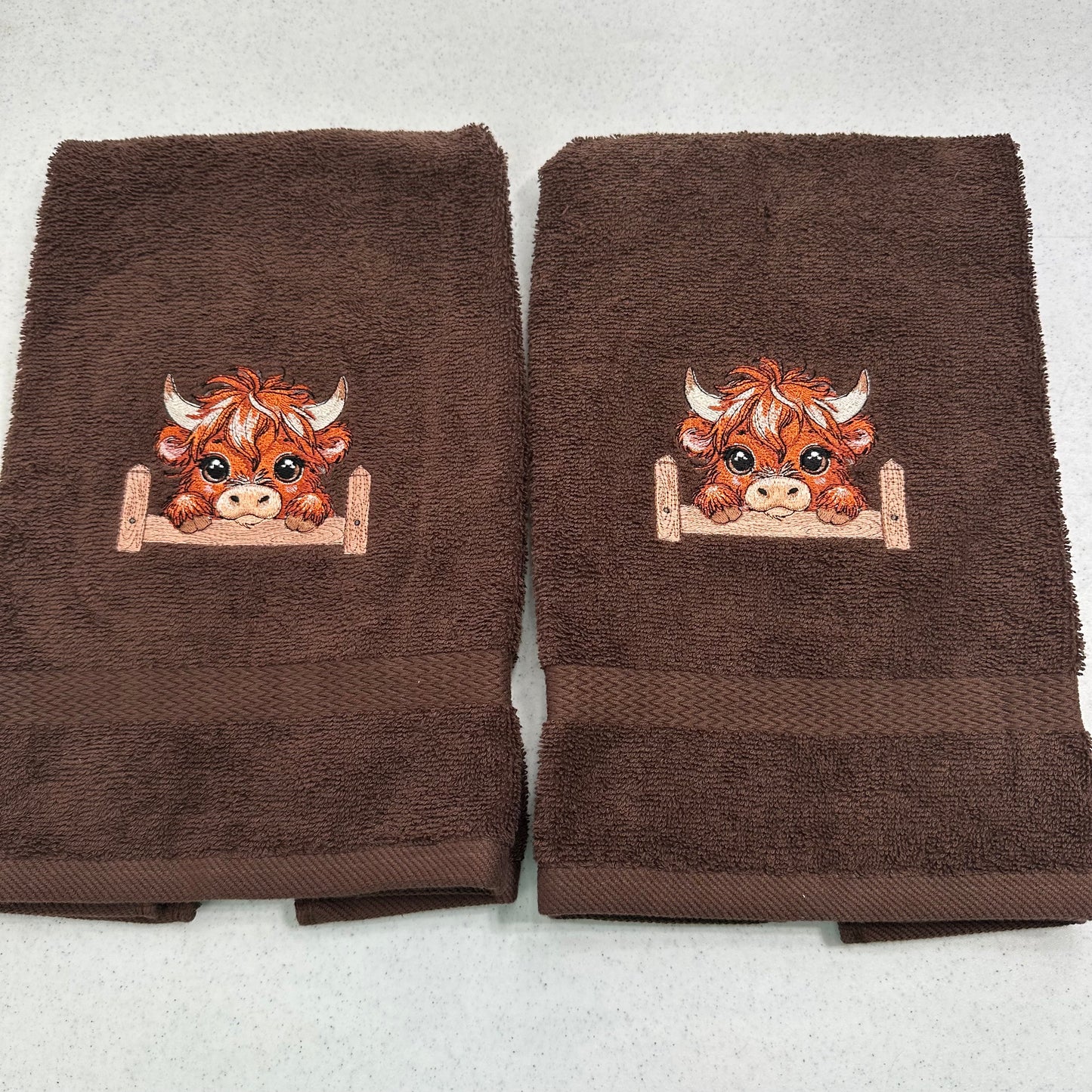 Highland Cow Towels Embroidered Hand Towel Set Beige Brown Cute Bathroom Home Farm Decor