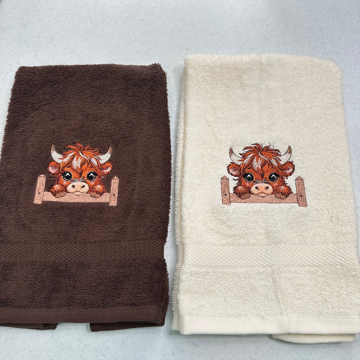 Highland Cow Towels Embroidered Hand Towel Set Beige Brown Cute Bathroom Home Farm Decor