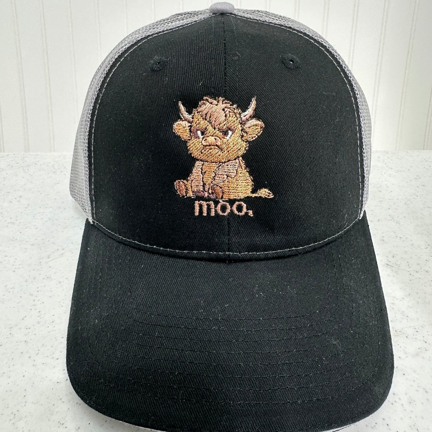 Grumpy Highland Cow Embroidered Mesh Trucker Hat