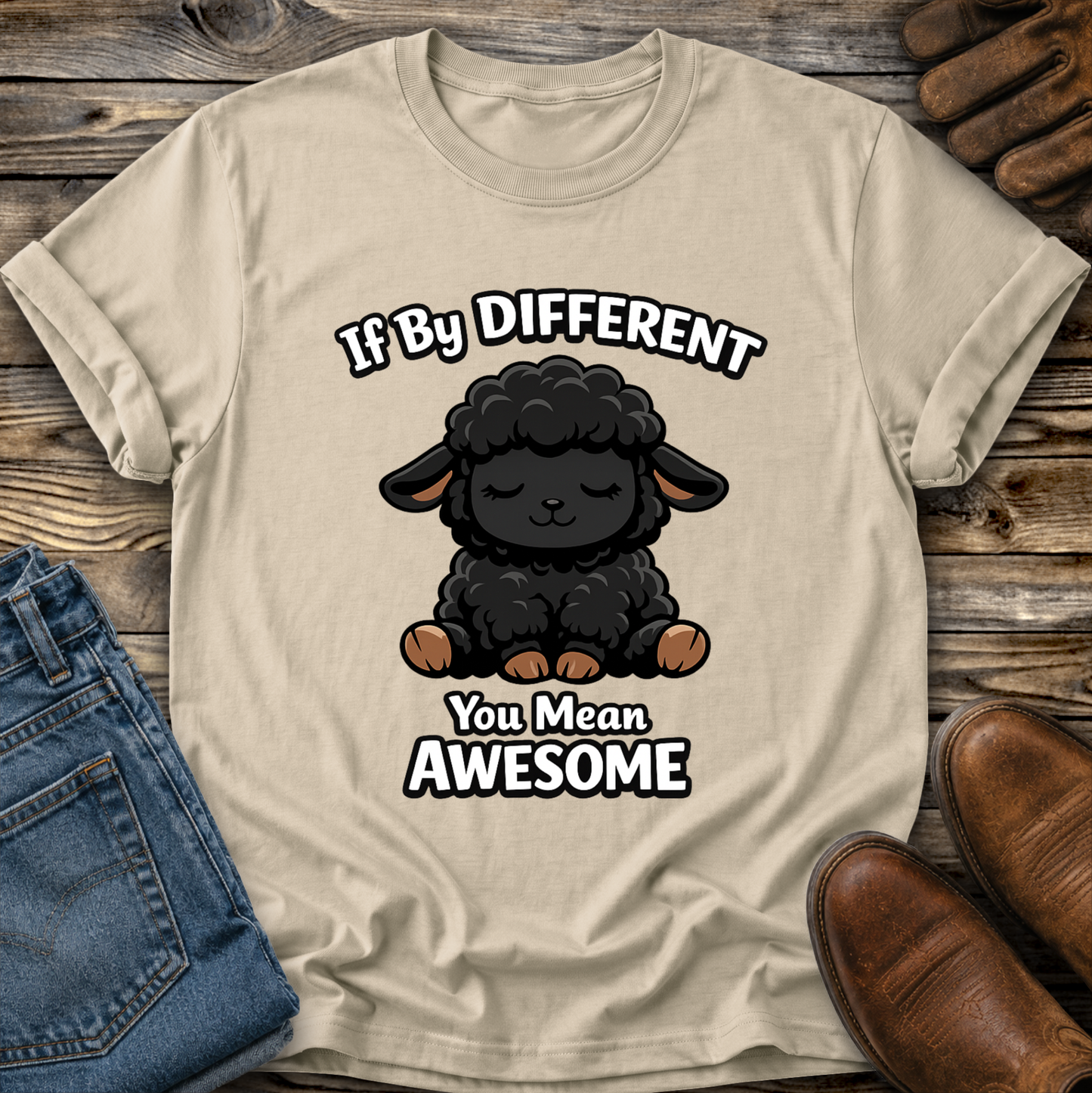 beige tshirt with a black sheep graphic that says if by different you mean awesome on it