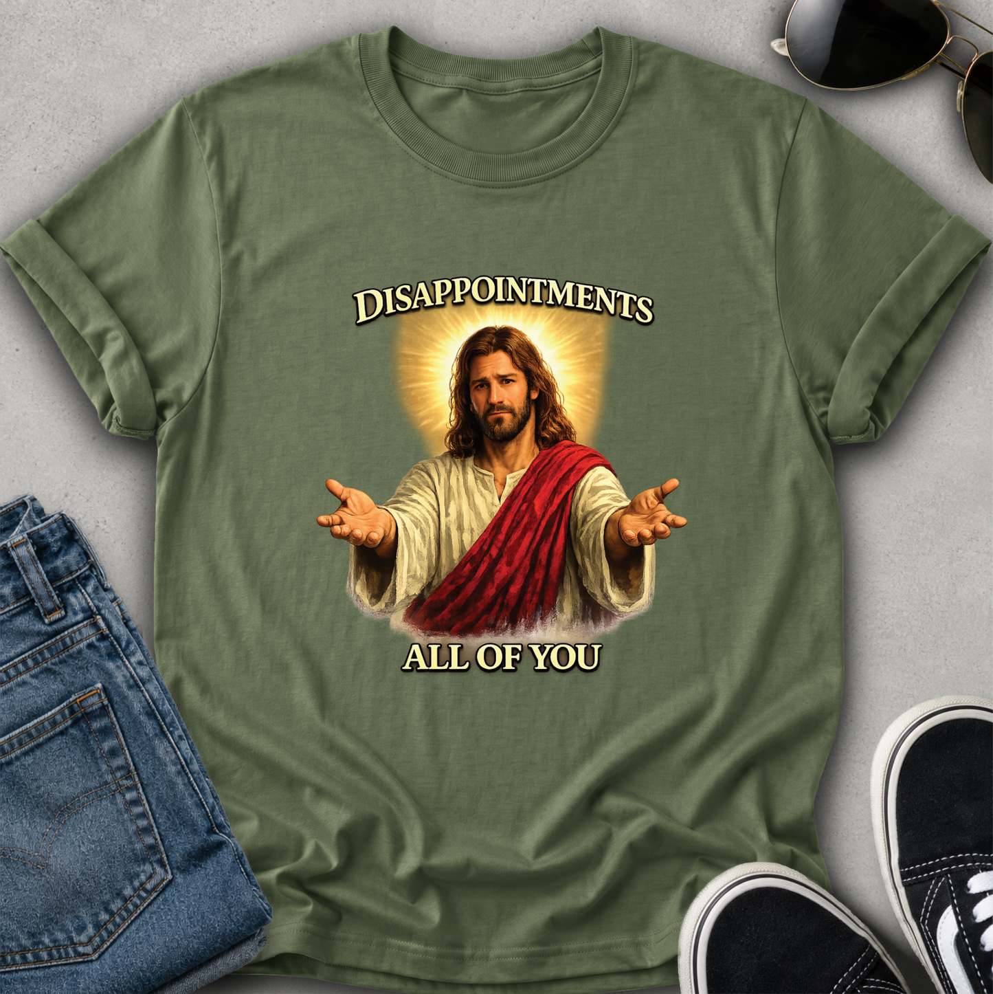 green tshirt with funny jesus graphic that says disappointments all of you