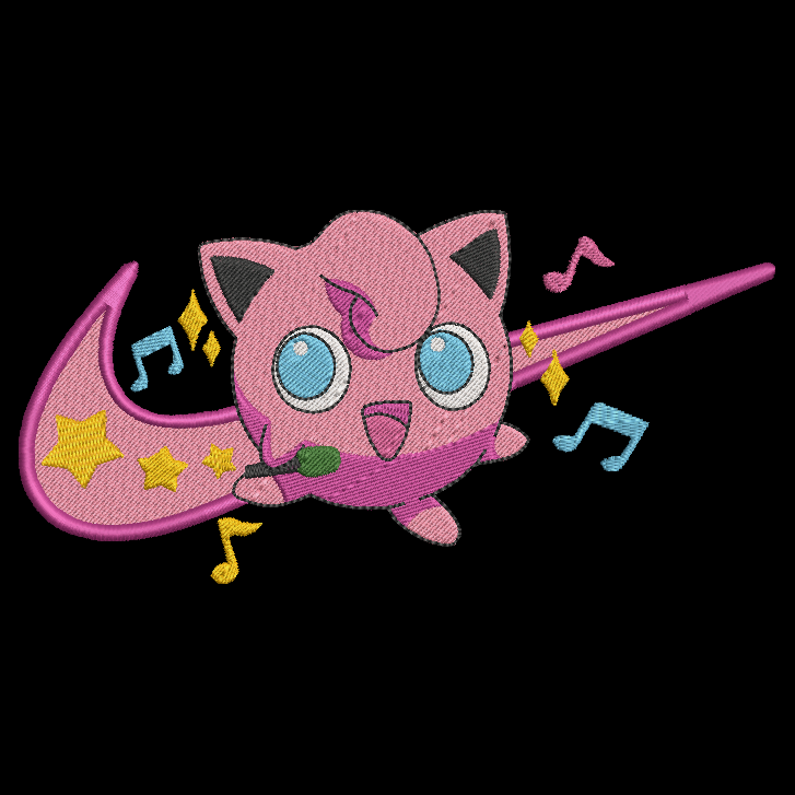 embroidered design of pokemon jigglypuff character on a black background