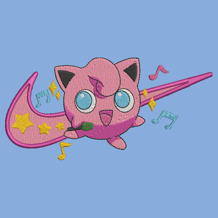 embroidered design of pokemon jigglypuff character on a blue background