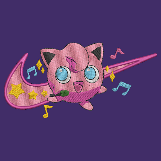 embroidered design of pokemon jigglypuff character on a purple background