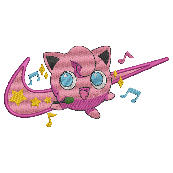 embroidered design of pokemon jigglypuff character on a white background