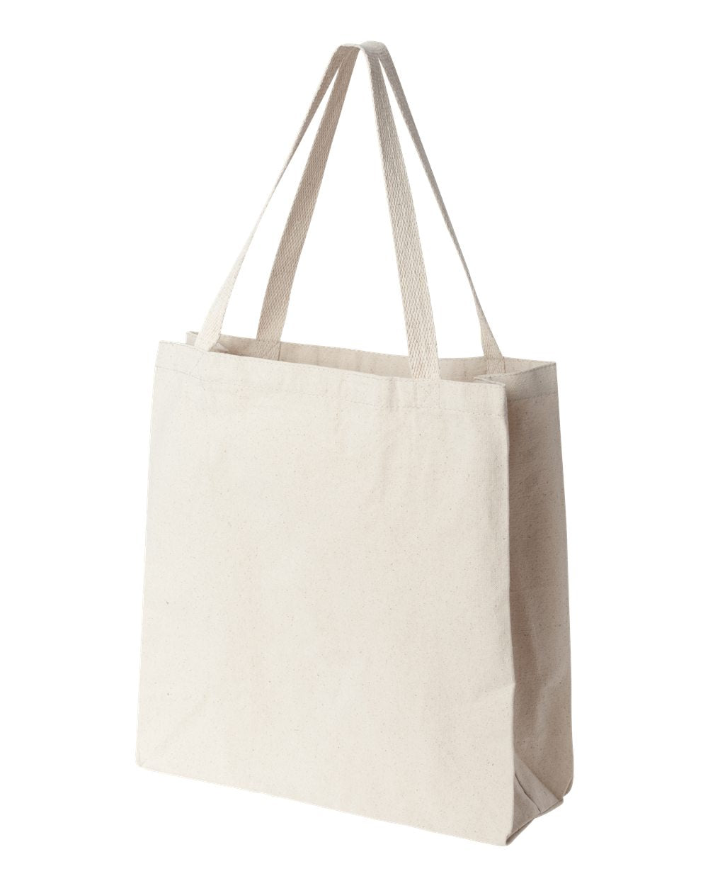 Beige tote bag with handles on a white background