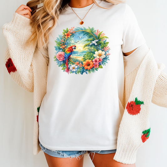 woman wearing white tshirt with colorful tropical watercolor parrot mackaw graphic design
